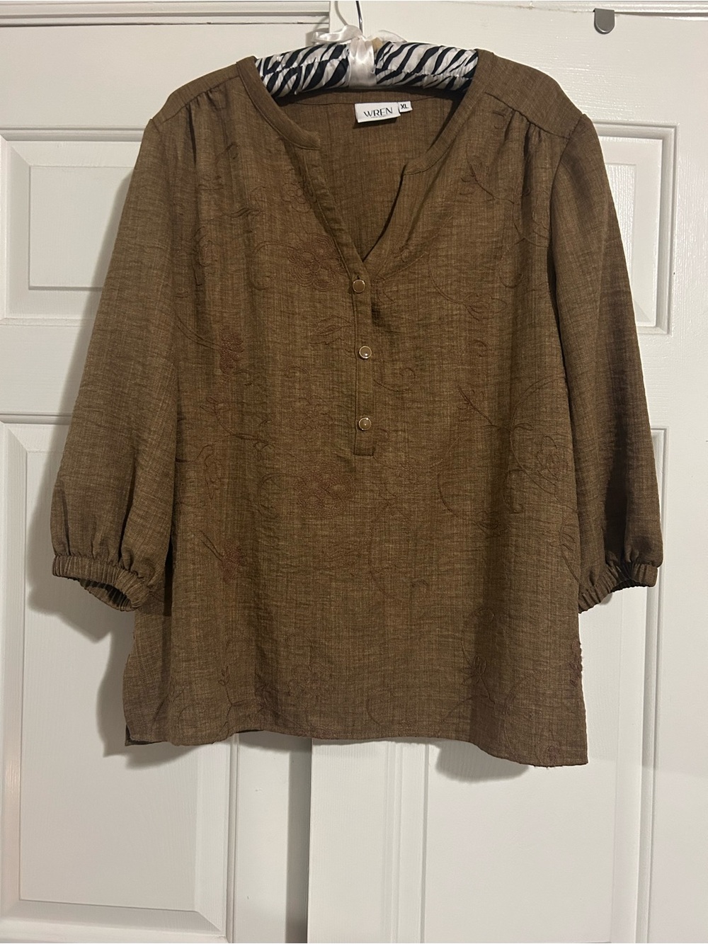 Wren Olive-Brown Three-Quarter Sleeve Split-Neck Blouse